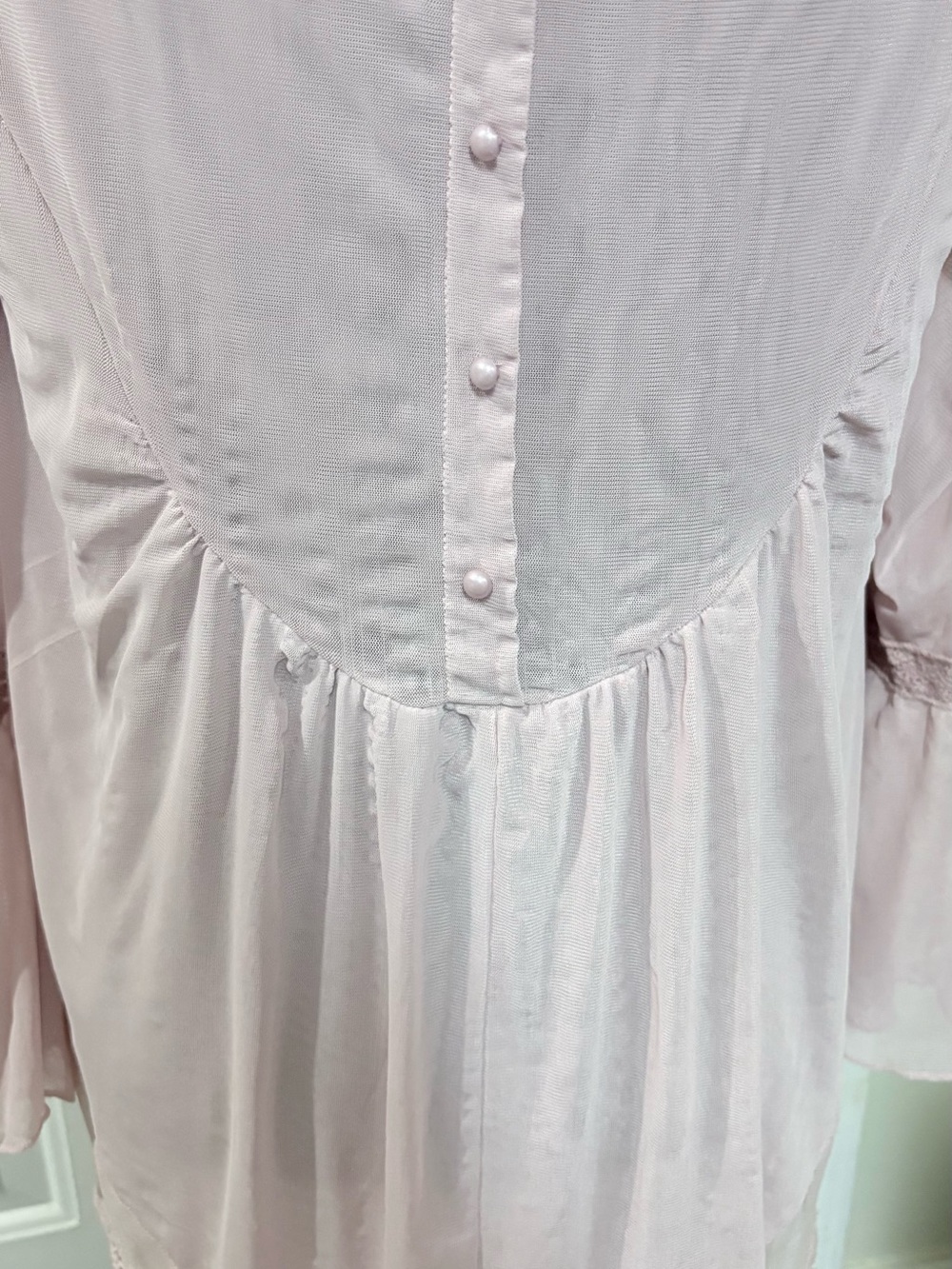 Ultra Pink Lace Yoke Sheer Flutter Blouse - Soft Pink - Picture 6 of 11
